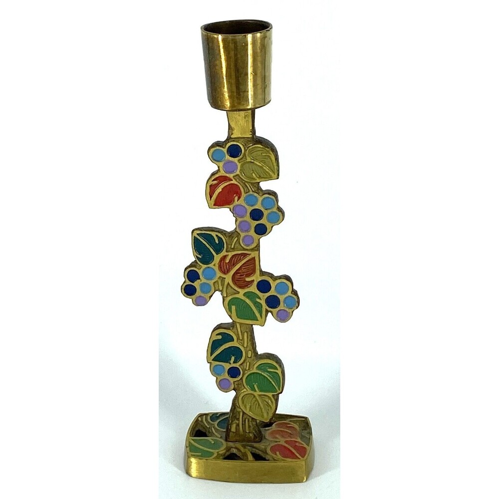 Vintage 1970s Terra Sancta Guild Brass Candle Holder Set Inlaid Enamel
